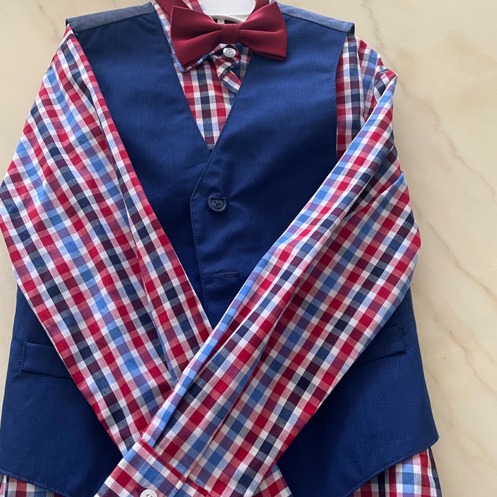 Nautica Red & Blue Boys Plaid Shirt with Navy Vest and Burgundy Bow Tie
